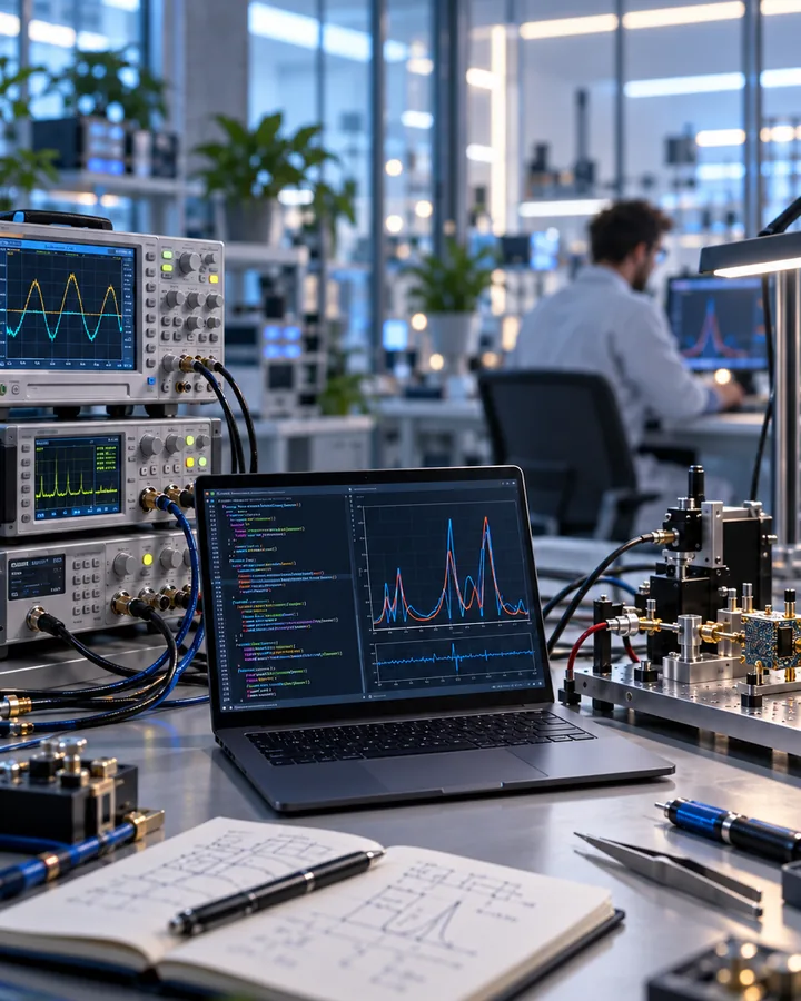 An electronics lab bench with oscilloscopes, a laptop showing spectra and an RF test fixture