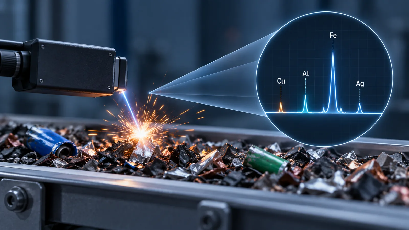 A spark on shredded battery material, with an inset emission spectrum showing copper, aluminium, iron and silver lines