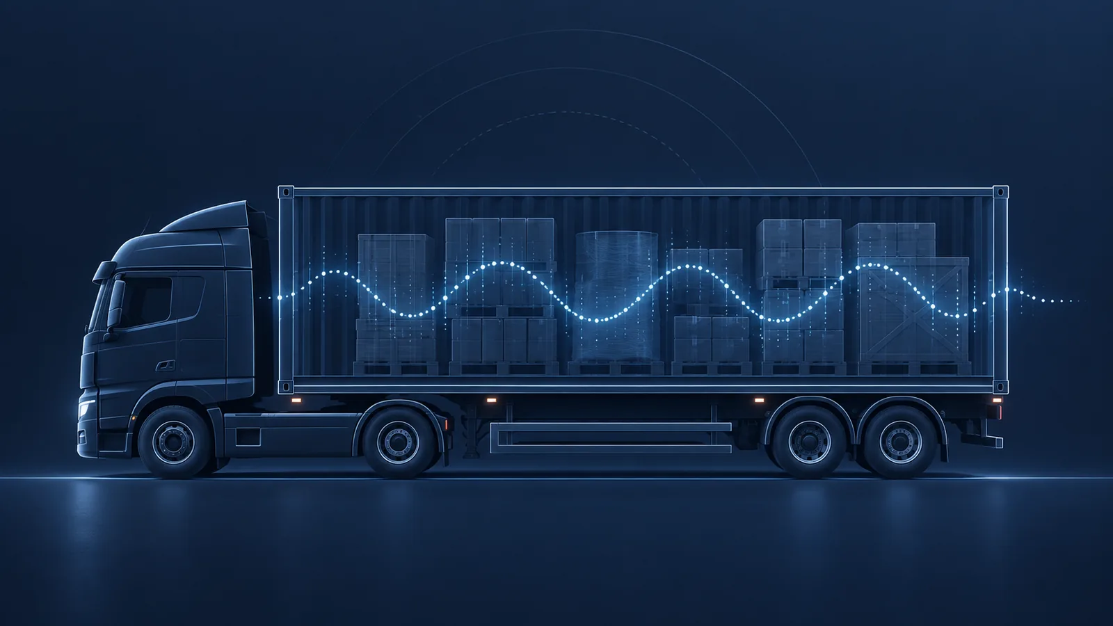 Illustration of a lorry and container with an RF waveform passing through the load