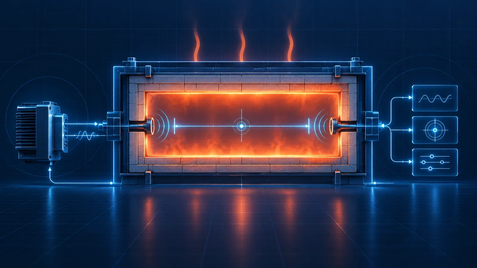 Illustration of passive RF sensing across a glowing furnace chamber, with signal-processing blocks either side