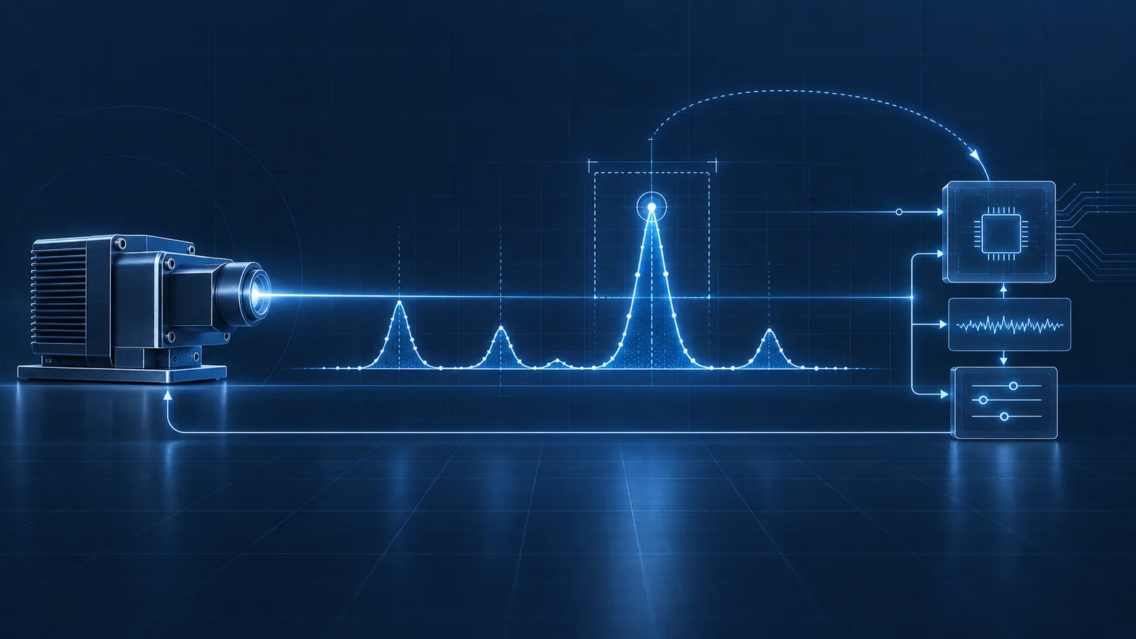 Illustration of a quantum cascade laser, an absorption spectrum and the control loop that holds it on the line