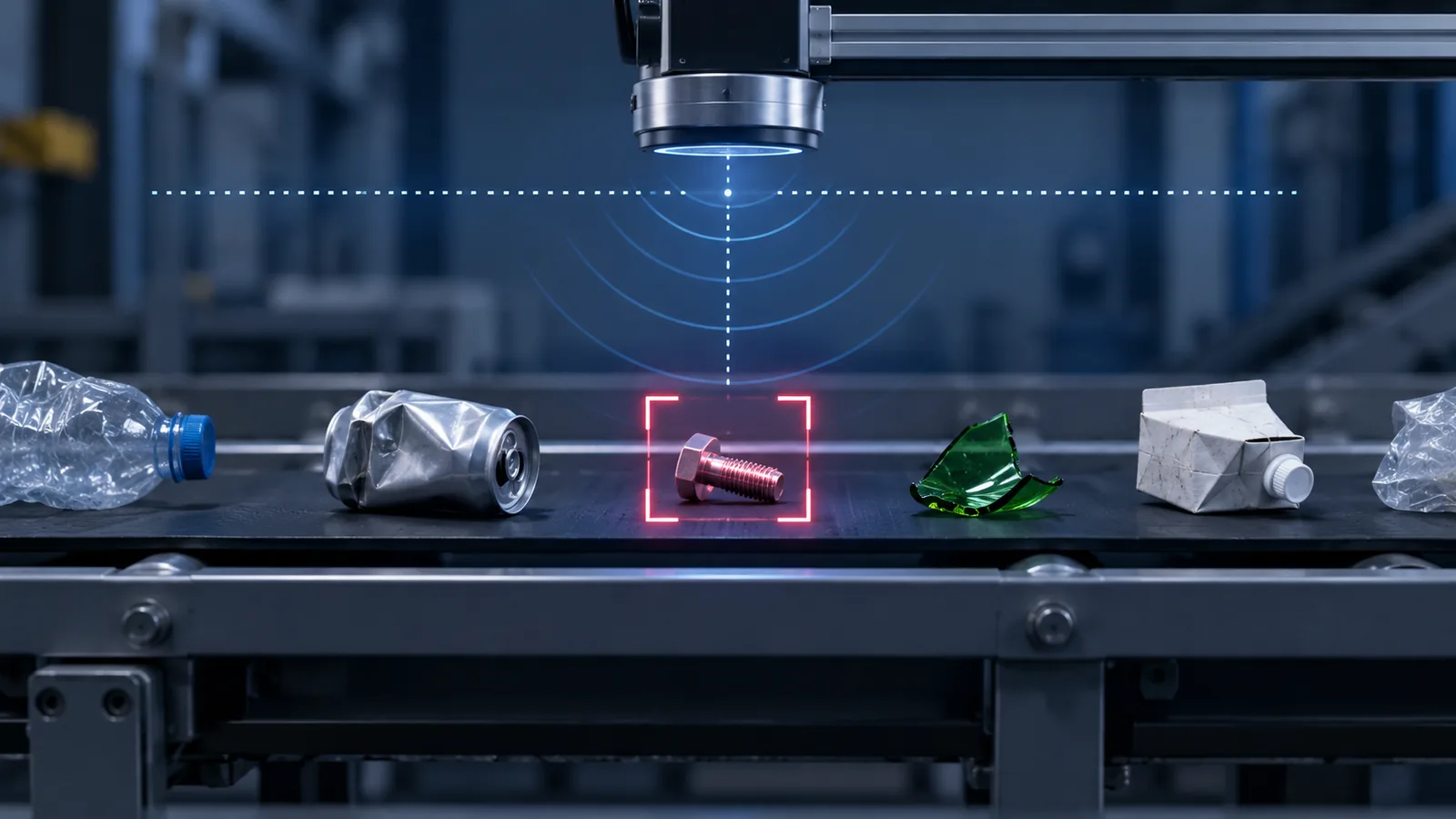 A sensor head above a recycling conveyor, flagging a metal bolt among bottles, cans and glass