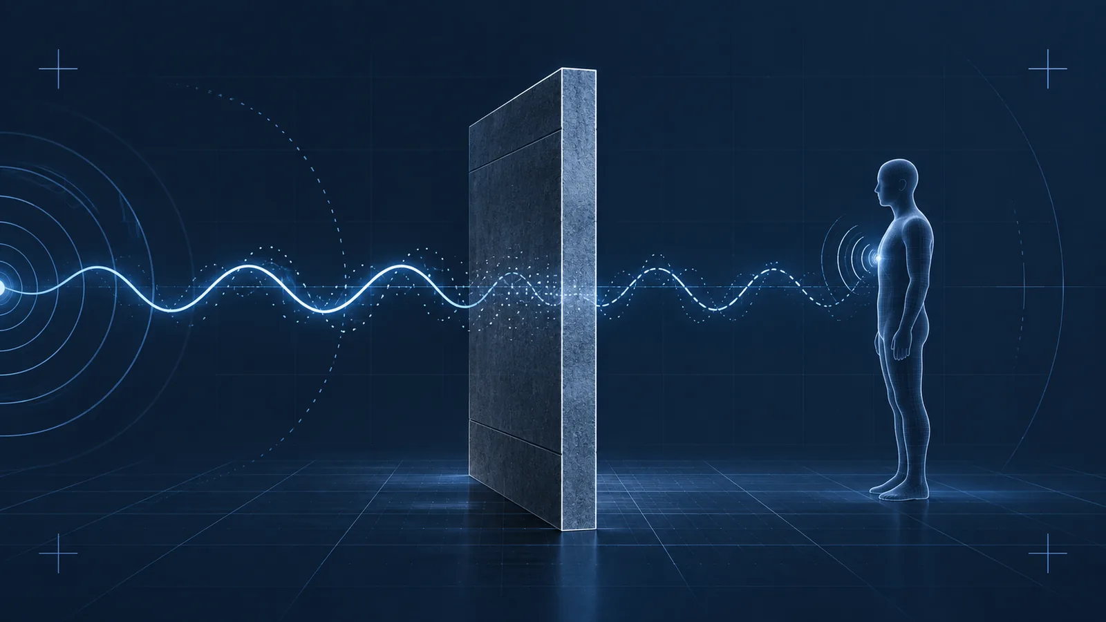 Illustration of an RF signal passing through a wall to detect a person on the other side